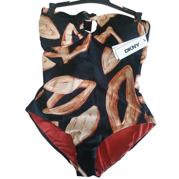 DKNY Women’s Halter Ring One Piece Swimsuit Size Medium color Printed Leaf NWT - Picture 9 of 15
